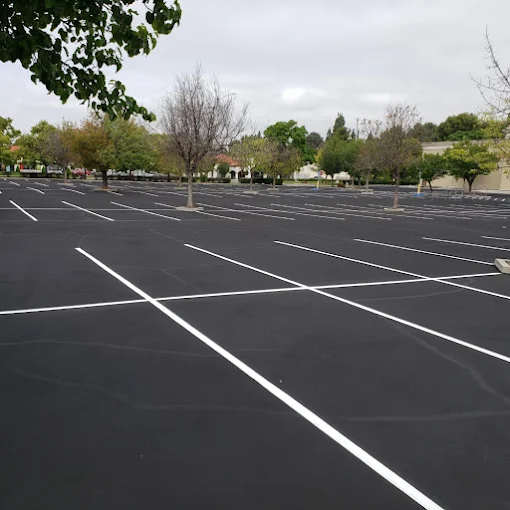 Freshly striped large commercial parking lot with crisp white lines in Visalia, CA