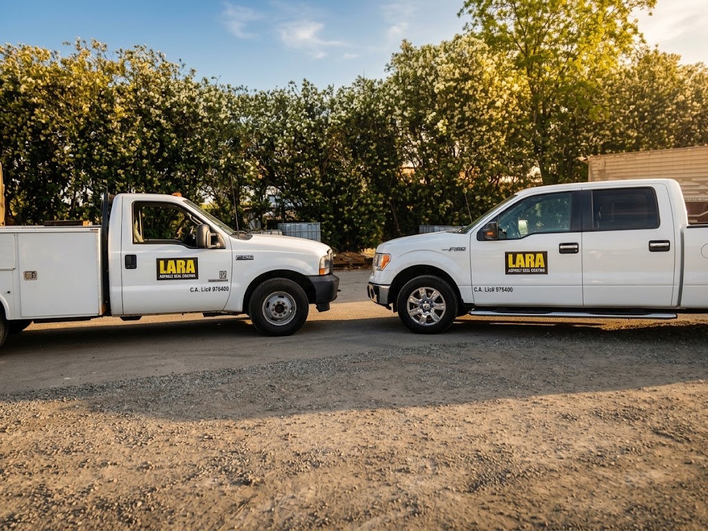 Lara Asphalt Seal Coating service trucks parked in Visalia, C